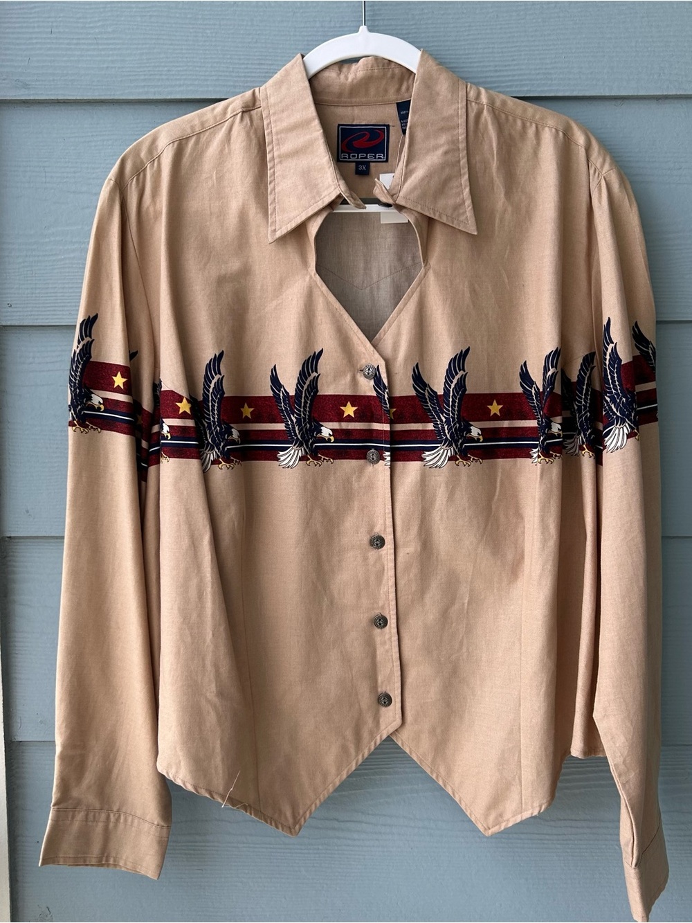 Roper Western Button-Front Shirt in Tan with Navy & Red Logo